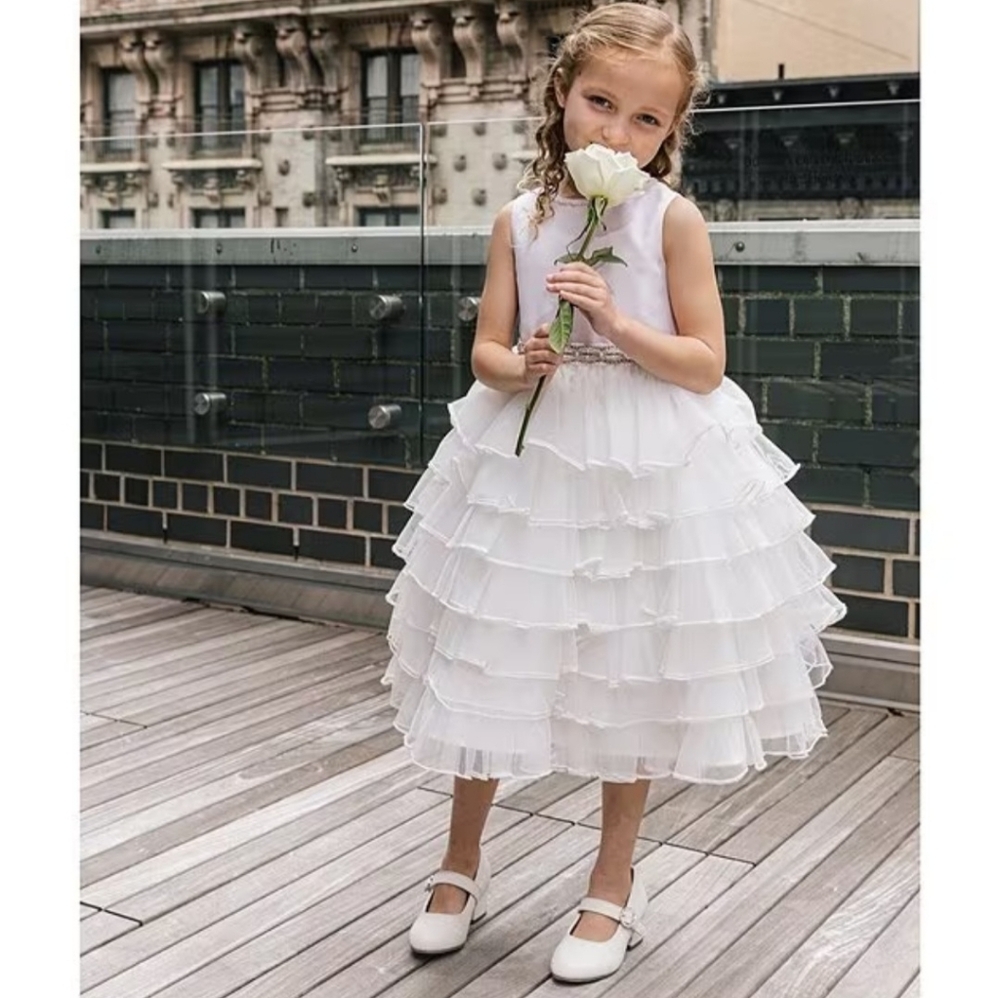 Chantilly Place Little Girls  Jeweled-Waist Satin/Mesh Tiered Dress